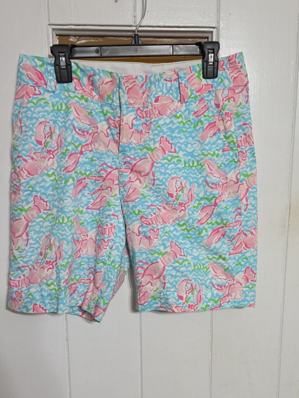 Lilly Pulitzer The Chipper Short Pink/Aqua Lobsters Bermuda Pockets Sz 6 EUC